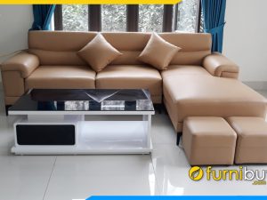 Ghế sofa da dạng góc chữ L màu nâu hiện đại và bàn trà