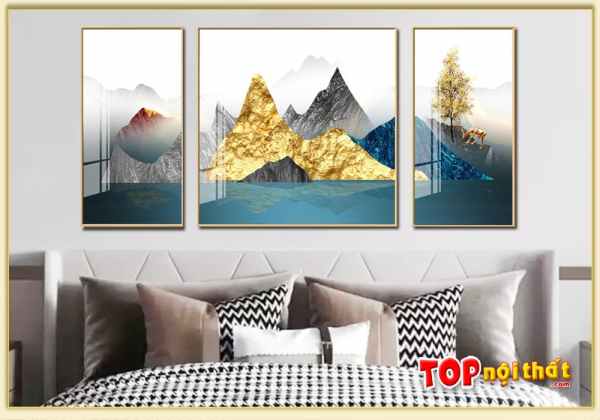 Tranh tráng gương 3D núi vàng 3 tấm treo tường phòng ngủ TraTop-3322